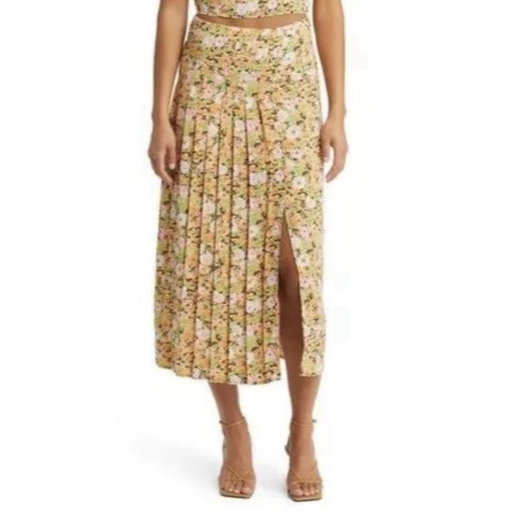 OPEN EDIT Women's XS‎ Floral Pleated Midi Skirt in Orange Multi Meadow NWT